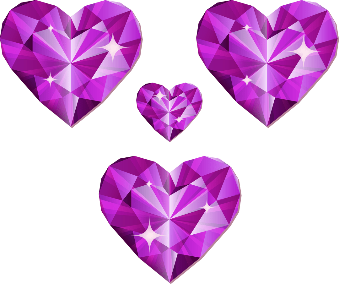 Elegant Floating Purple Faceted Hearts on Transparent Background