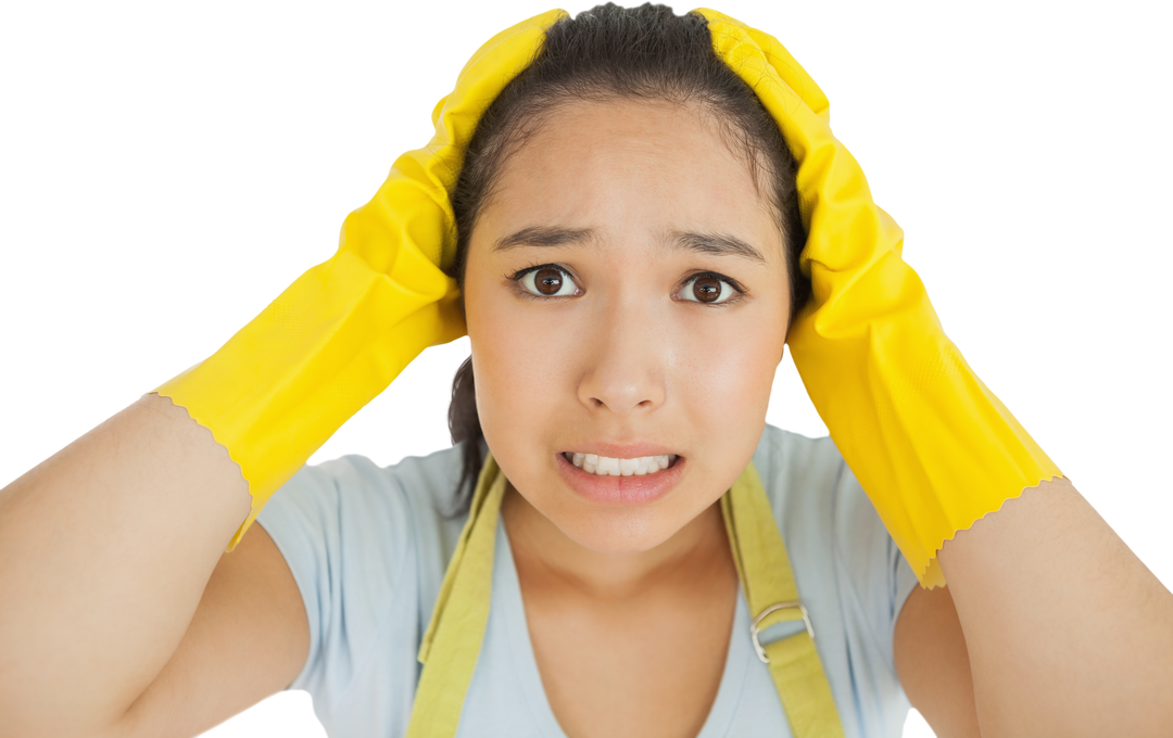 Transparent Background of Stressed Woman in Yellow Rubber Gloves and Apron - Download Free Stock Images Pikwizard.com