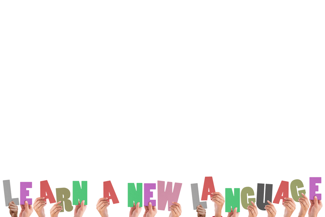 Multiple Hands Raising Colorful Words on Transparent Surface