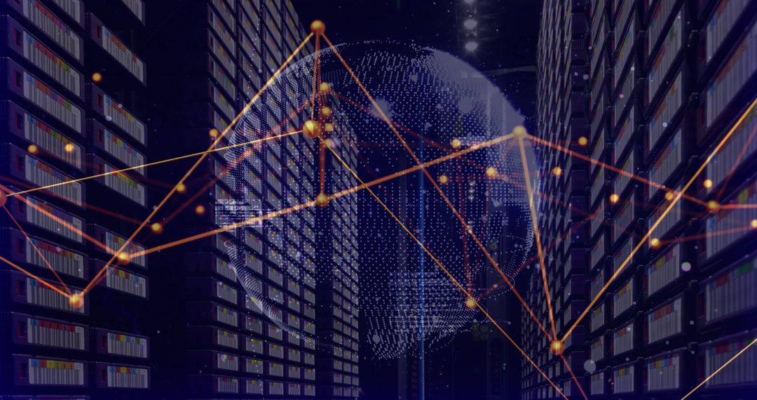Digital Interface in Server Room with Globe Overlay