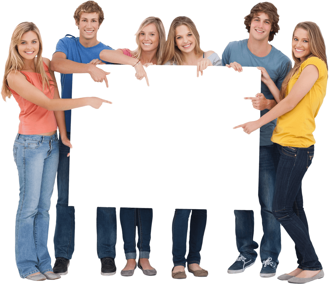 Young Group Pointing at Transparent Blank Banner Space
