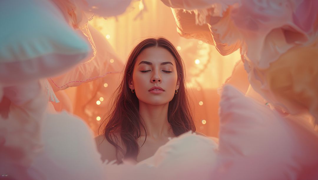 Serene Meditation Pose in Cozy Pastel Aura with Soft Glow