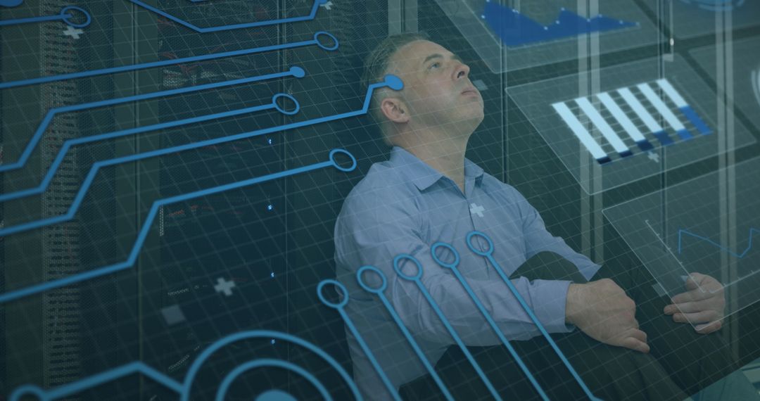 Man Reflecting in Futuristic High-Tech Environment