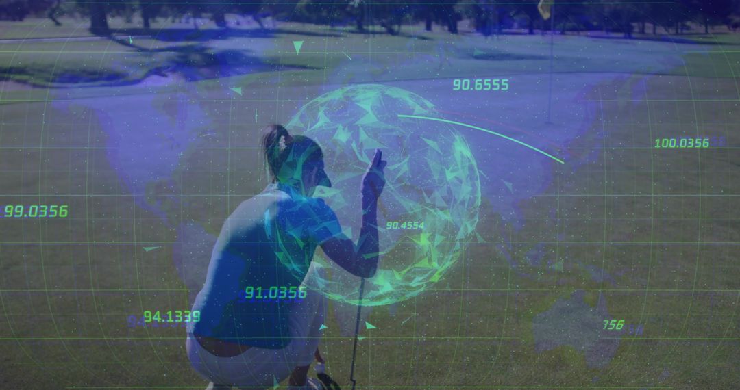 Crouching golfer aligning putt with holographic performance data overlay on putting green