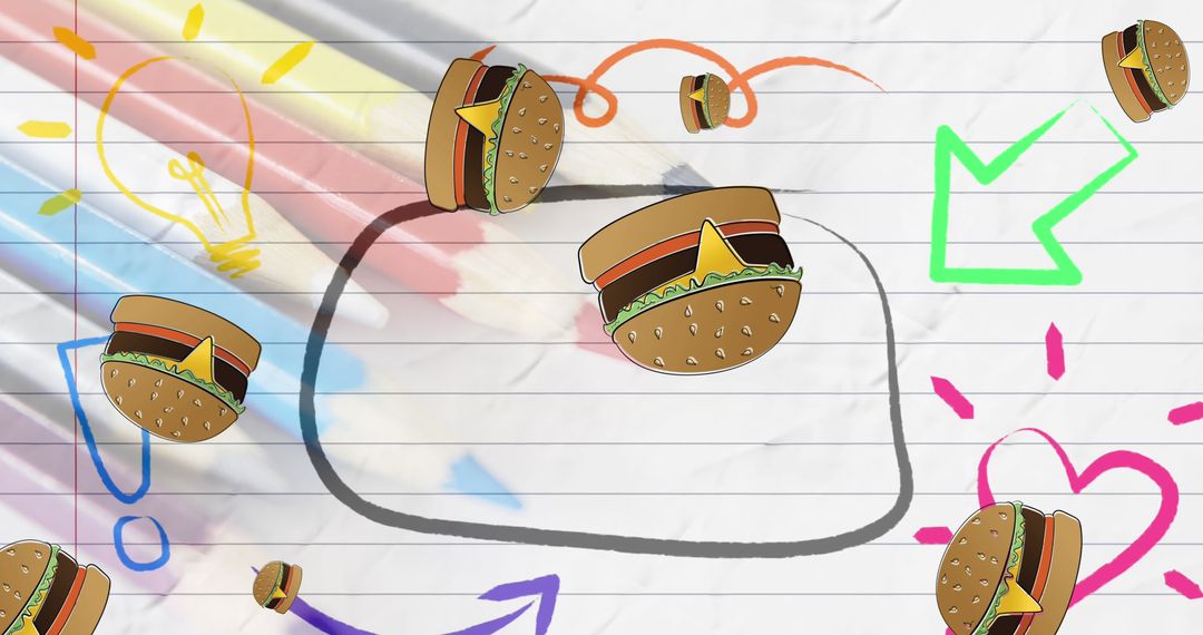 Floating Cheeseburgers on Doodle Background for Creative Concepts