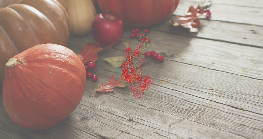 Rustic Autumn Pumpkin and Apple Sitting on Weathered Wood with Berries, Gourds and Copy Space