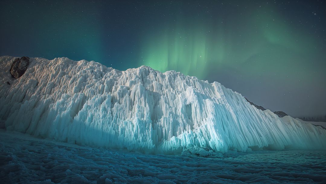 Aurora glowing above jagged ice ridge over frozen plain at night