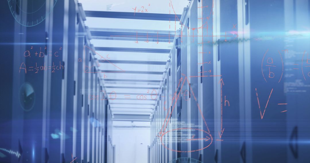 Data Center with Digital Math Equations Overlay
