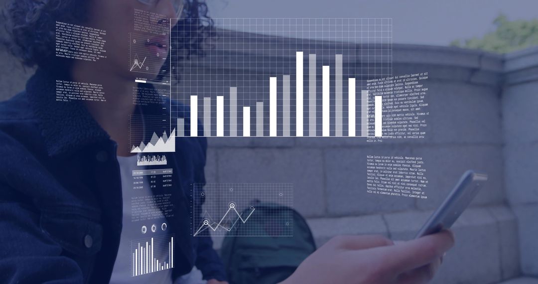 Young Man Using Smartphone with Floating Data Analytics Dashboards at Campus Wall