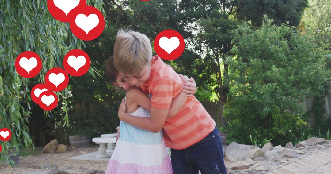 Siblings Hugging with Heart Icons Symbolizing Love