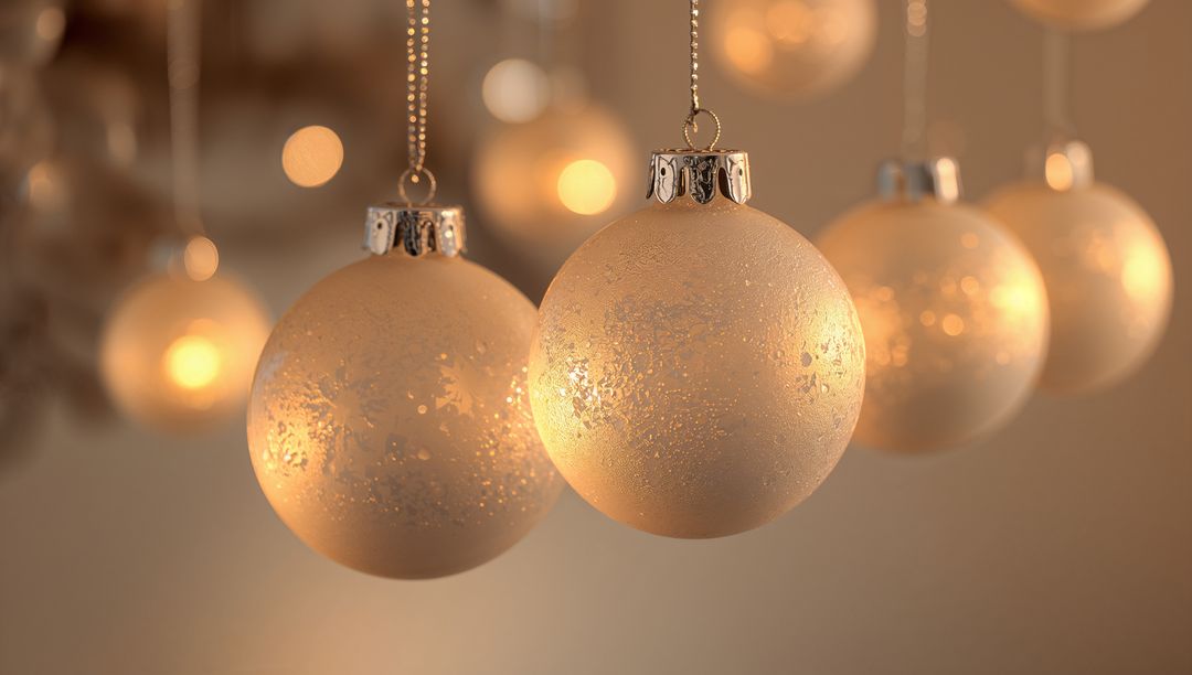 Hanging Champagne Frosted Christmas Baubles Glowing with Warm Golden Bokeh Lights
