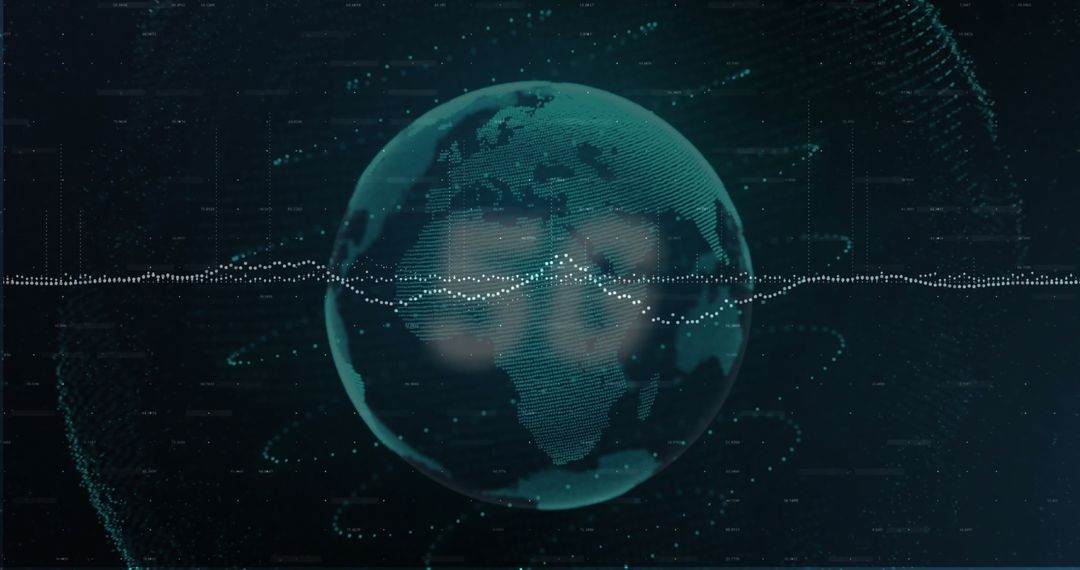 Futuristic Teal Wireframe Globe with Data Waveforms