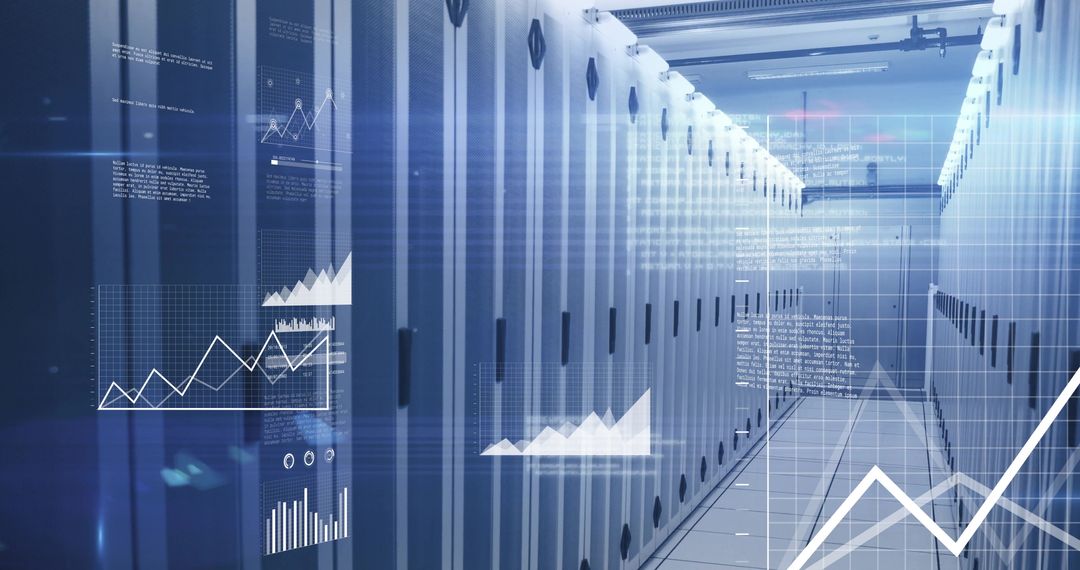 Futuristic Data Center Corridor with Analytics Graphics