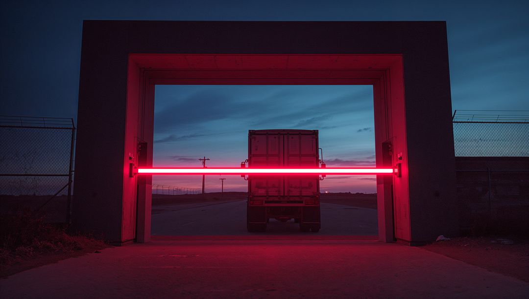 Shipping Container on Truck with Neon Glow Amidst Urban infrastructure