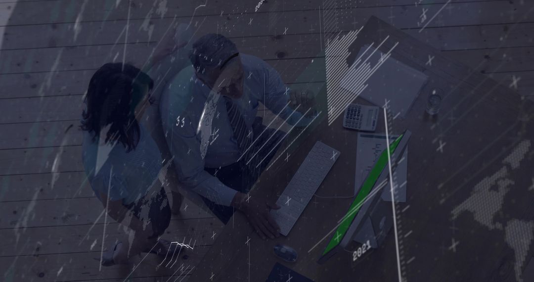 Professionals Collaborating on Data Analysis with Digital Overlay