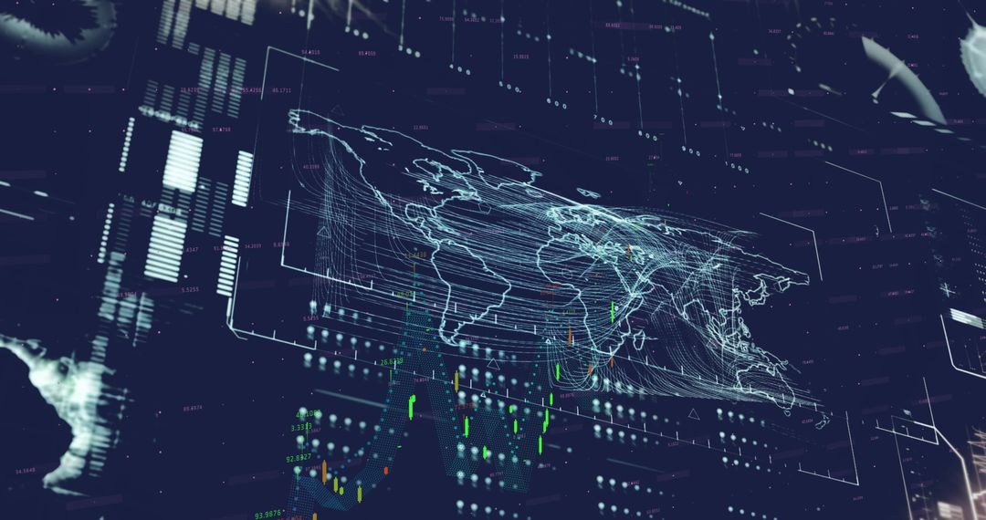 World Map with Data Overlay and Digital Interface Elements