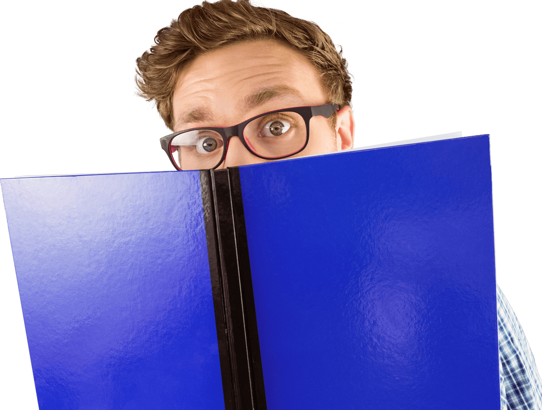 Geeky Man in Glasses Reading Behind Blue Book Transparent