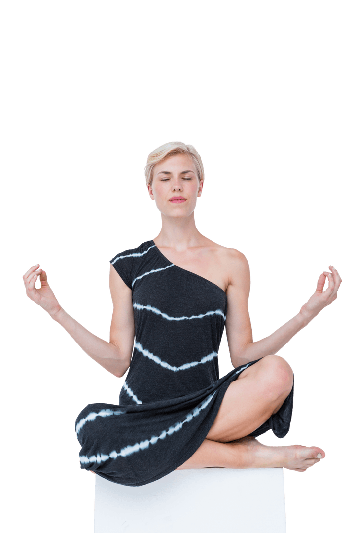 Transparent Meditation Pose by Young Blonde Woman in One-Shoulder Dress