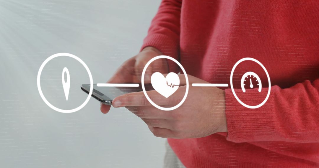 Man Chatting on Smartphone with Digital Health Icons Overlay