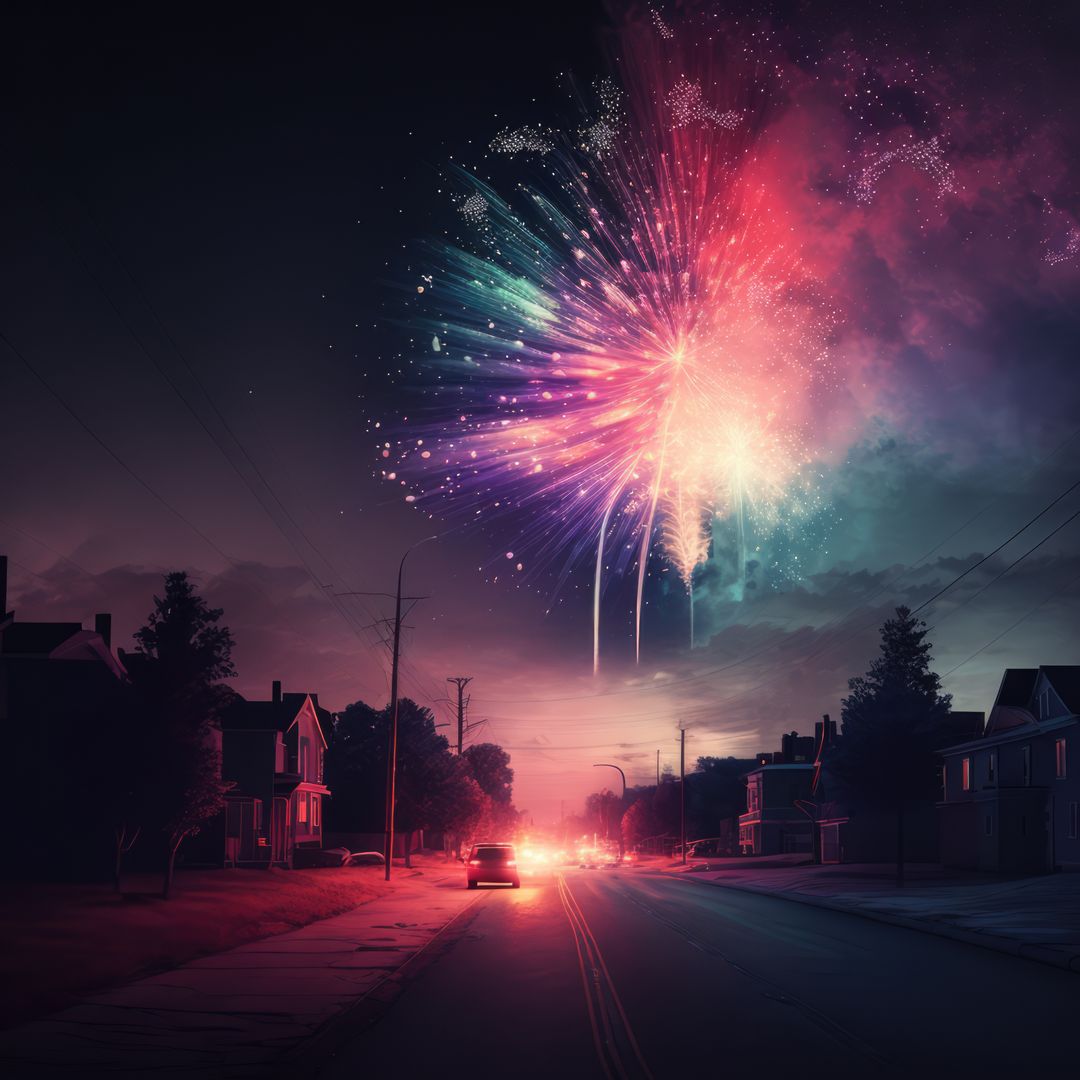 Colorful Fireworks Display Over Quiet Small Town Street at Night - Free Images, Stock Photos and Pictures on Pikwizard.com