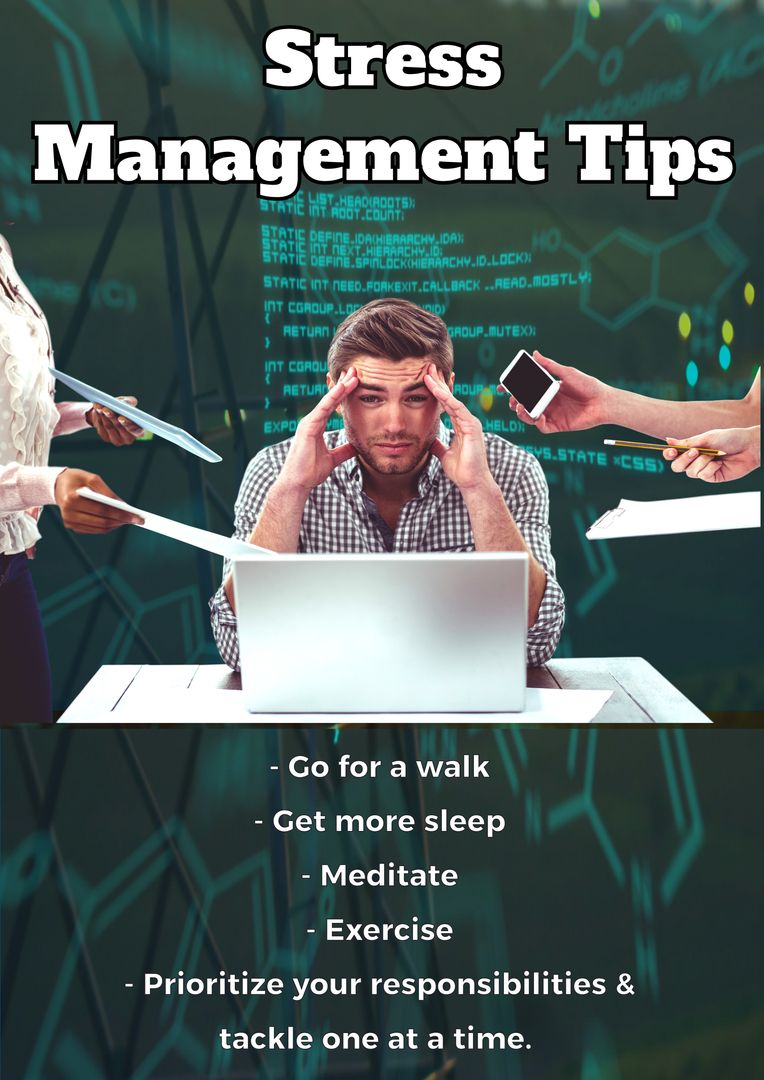 Stressed Businessman Surrounded by Stress Management Tips