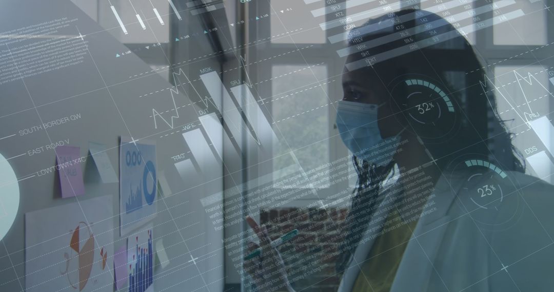 Businesswoman Analyzing Finance Data with Technology Overlay