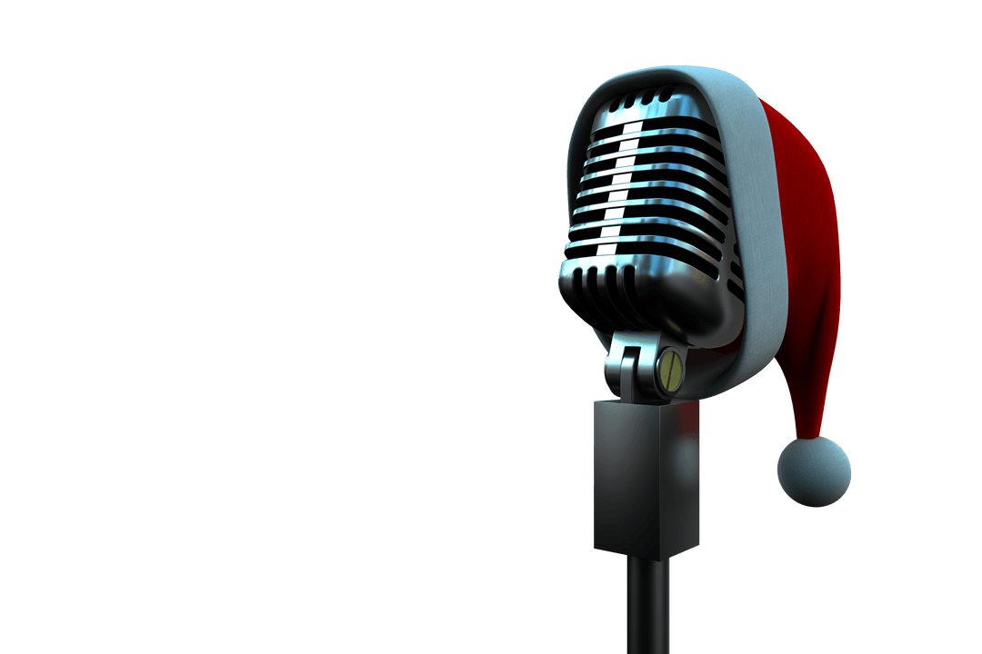 Retro Microphone with Festive Santa Hat Isolated on Transparent Background