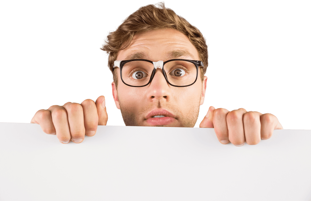 Geeky Hipster Holding Blank Transparent Board