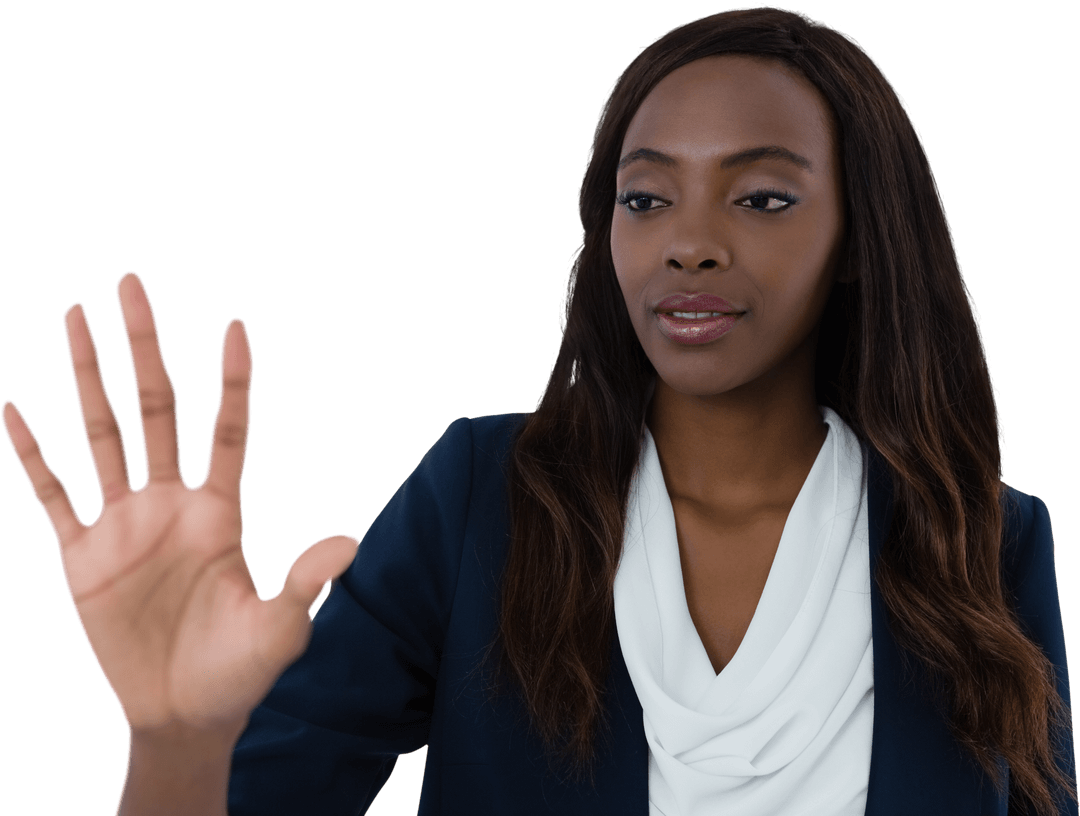 Businesswoman Engaging with Transparent Virtual Screen Technology