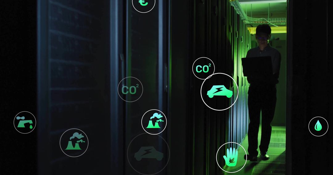 Technician Analyzing Renewable Energy Data on Laptop in Server Room