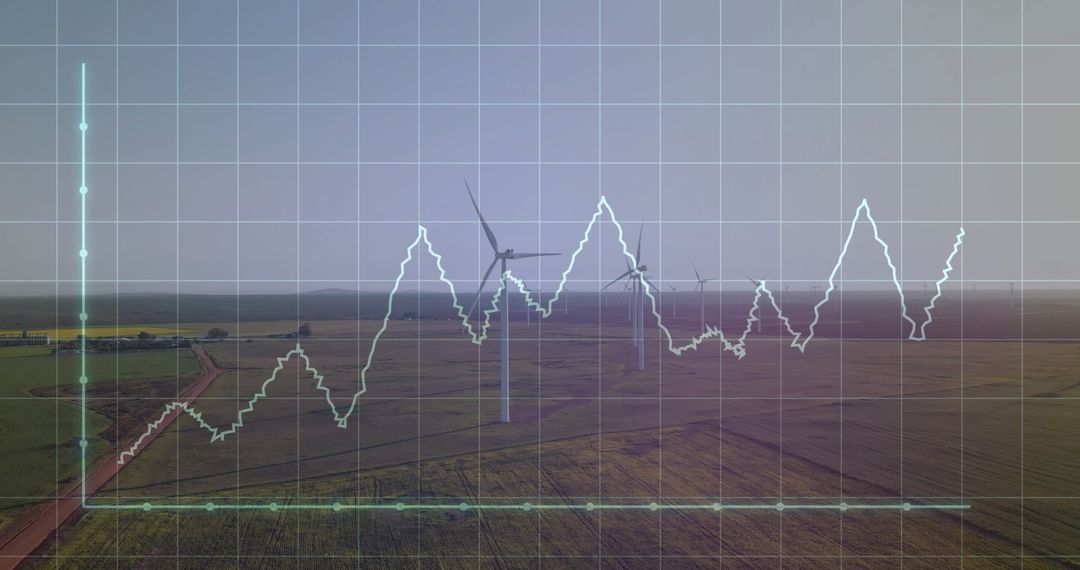 Wind Turbines Over Agricultural Fields with Data Visualization Overlay