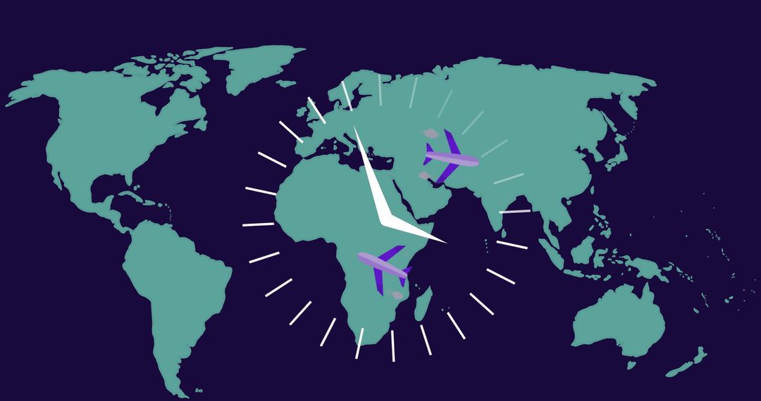Time Travel Concept with Clock Overlay on World Map and Airplanes