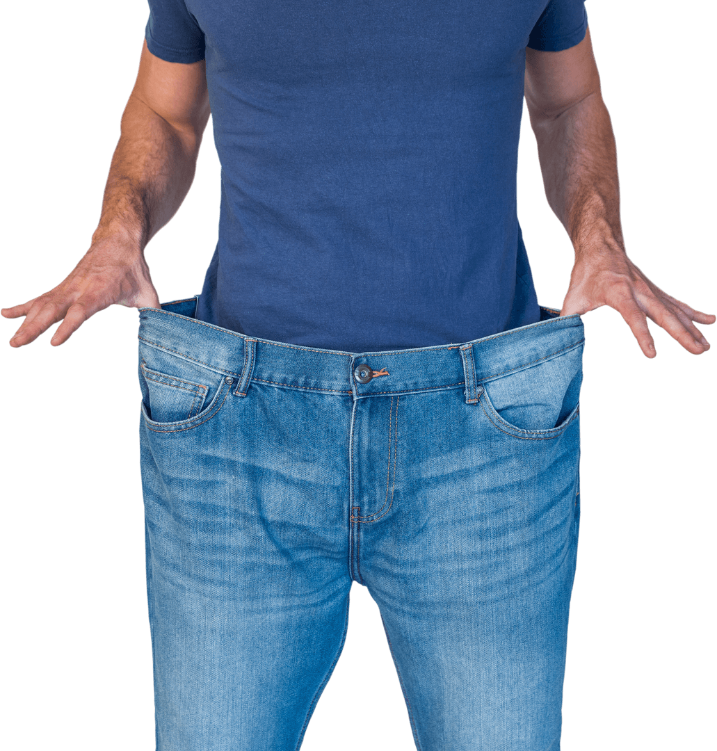 Man Stretching Loose Transparent Jeans After Weight Loss
