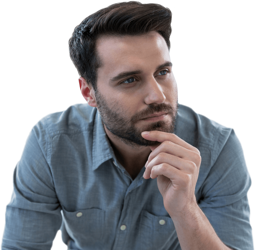 Thoughtful Man with Hand on Chin on Transparent Background