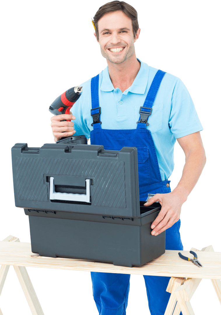 Smiling Carpenter with Tools and Transparent Background