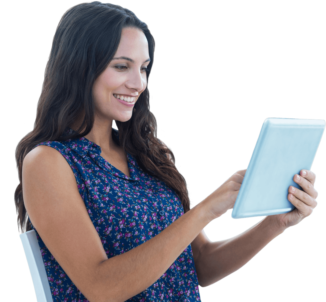 Caucasian Woman Using Tablet on Transparent Background, Digital Communication