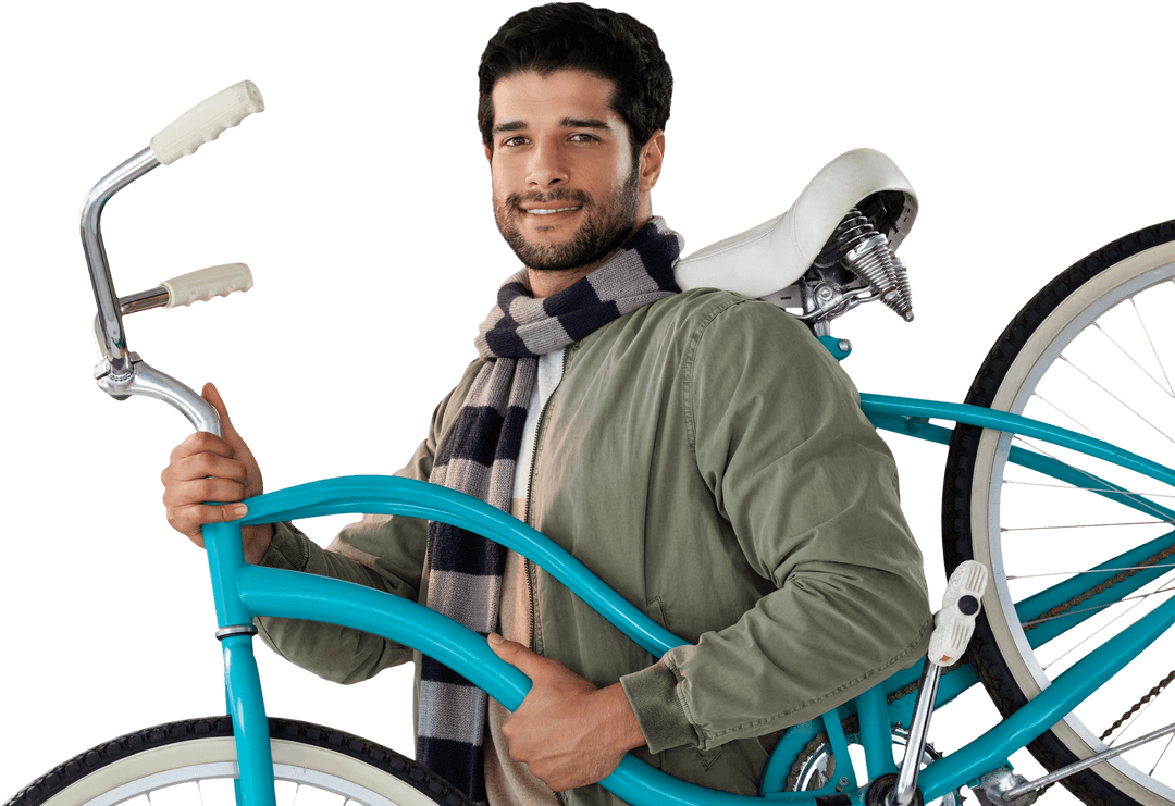 Smiling Man Holding Bicycle Isolated with Transparent Background