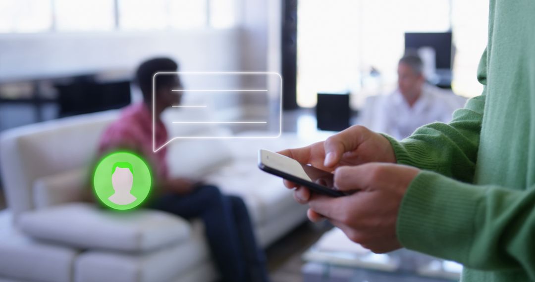 Person Texting on Smartphone in Modern Office with Chat Icons