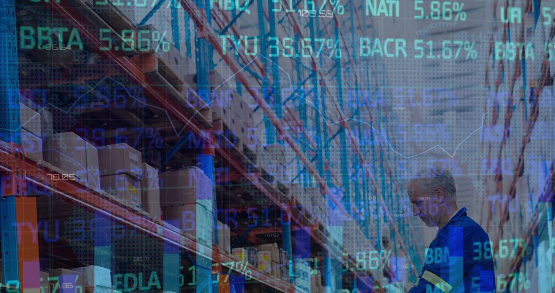 Warehouse Worker with Overlay of Financial Data Charts