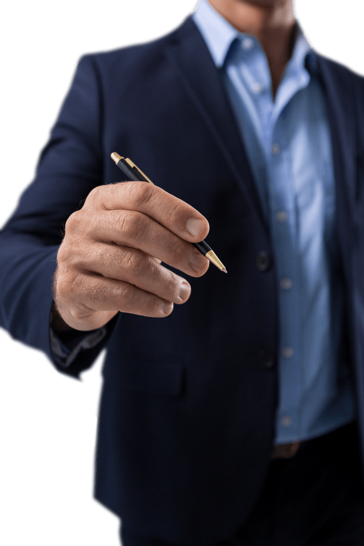 Transparent Businessman Holding Pen in Writing Gesture
