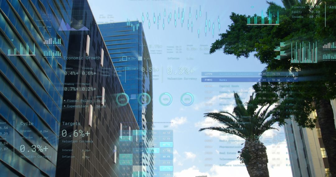 Digital Financial Data Overlay on Modern Urban Skyline