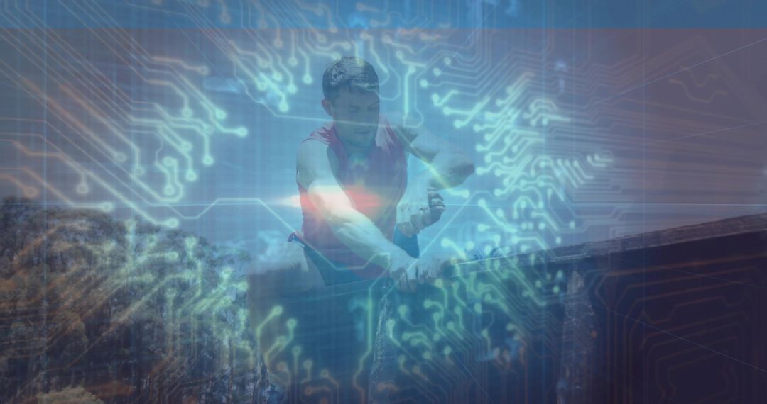 Man Relaxing on Railing with Tech-themed Overlay in Nature