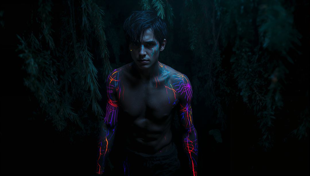 Mysterious Man with Neon Body Art in Enchanted Forest