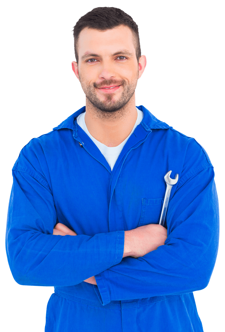 Transparent Happy Male Mechanic Holding Spanner