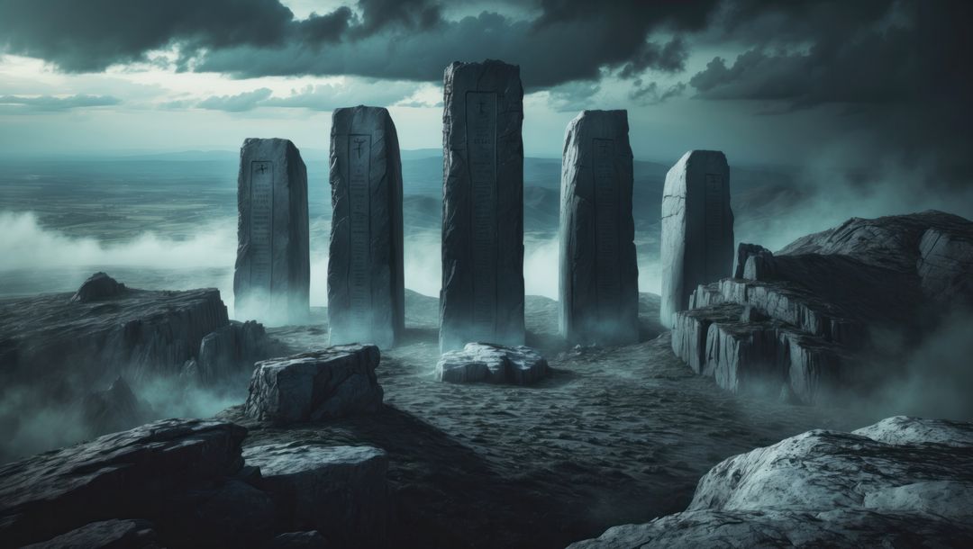Mystic ancient monoliths shrouded in mist on rocky plateau, ten commandments concept