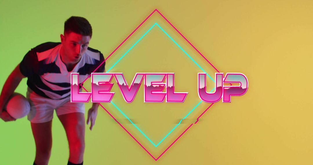 Vibrant Level Up Text Over Dancing Performer on Colorful Background
