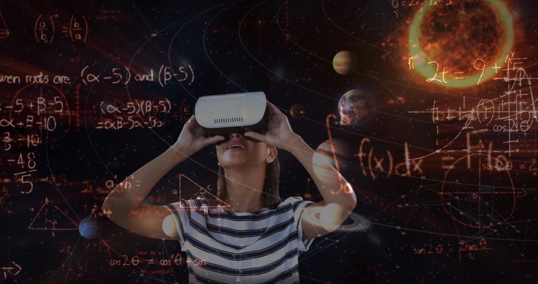Girl Exploring Space with VR Headset amidst Mathematical Formulas
