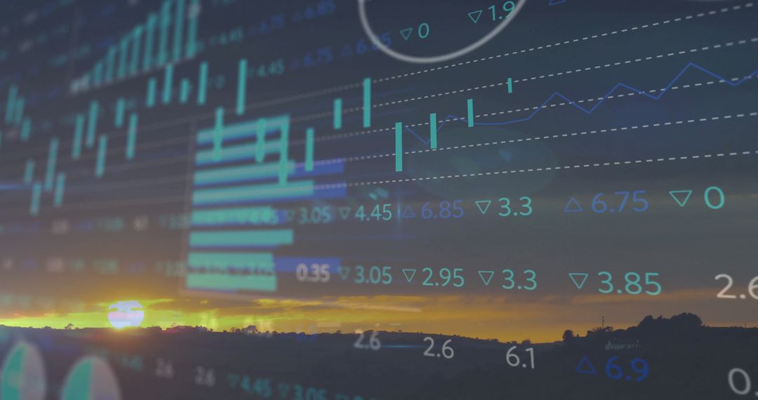 Stock Market Analysis Showing Data Overlay on Sunset Horizon