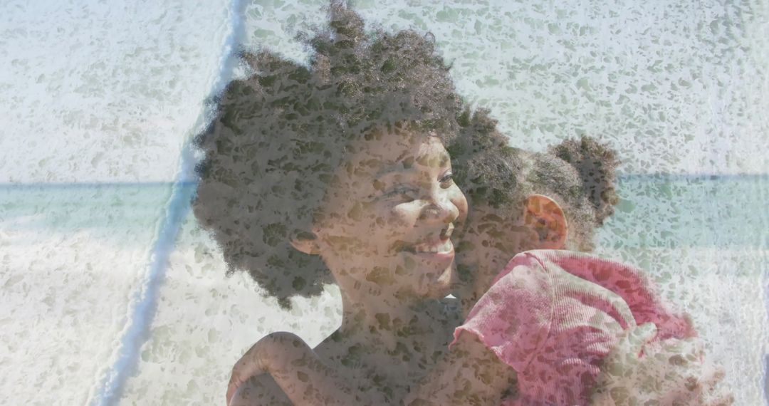 Smiling Mother Embracing Daughter at Sunny Beach Front