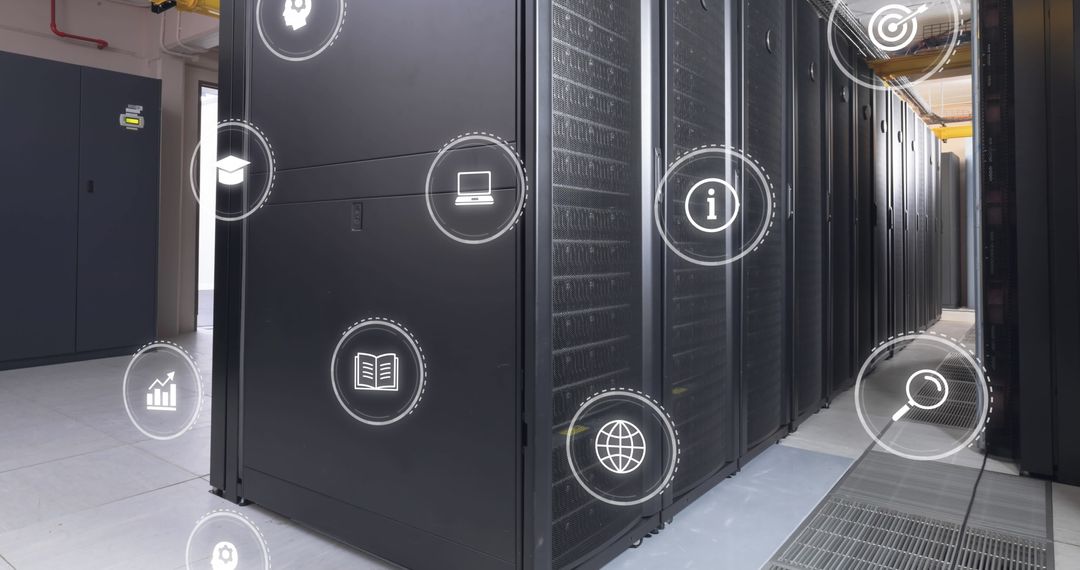 Data Management in Modern Server Room with Digital Interface Icons